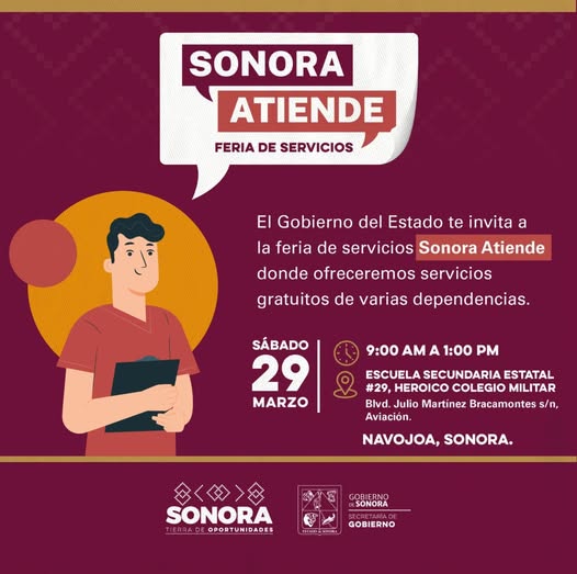 ¡Atención #Navojoa! 📢 Te invitamos a la próxima Feria de Servicios “Sonora Atiende”. 9:00 a.m. a 1:00 p.m.